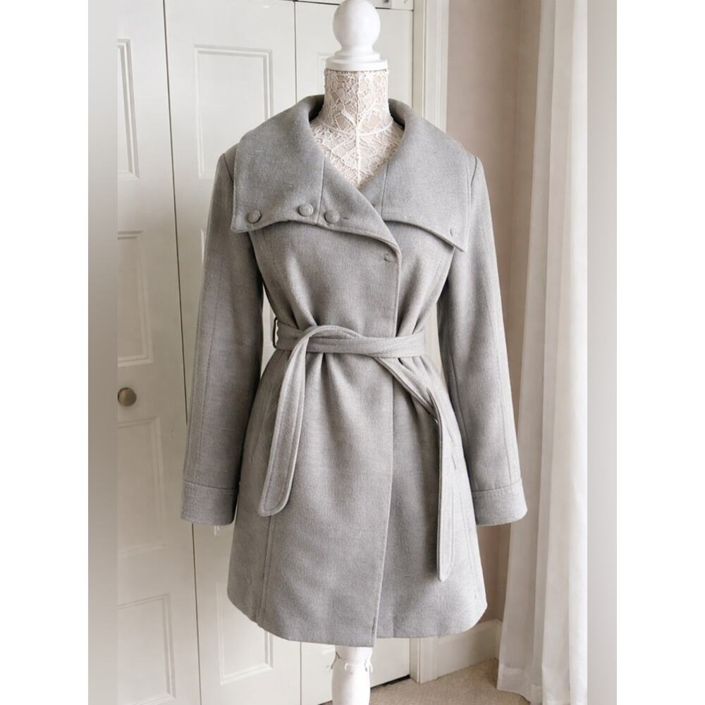 Womens Gray Wool Blend Wrap Coat Belted Jacket Oversized Collar Mid Length Coat